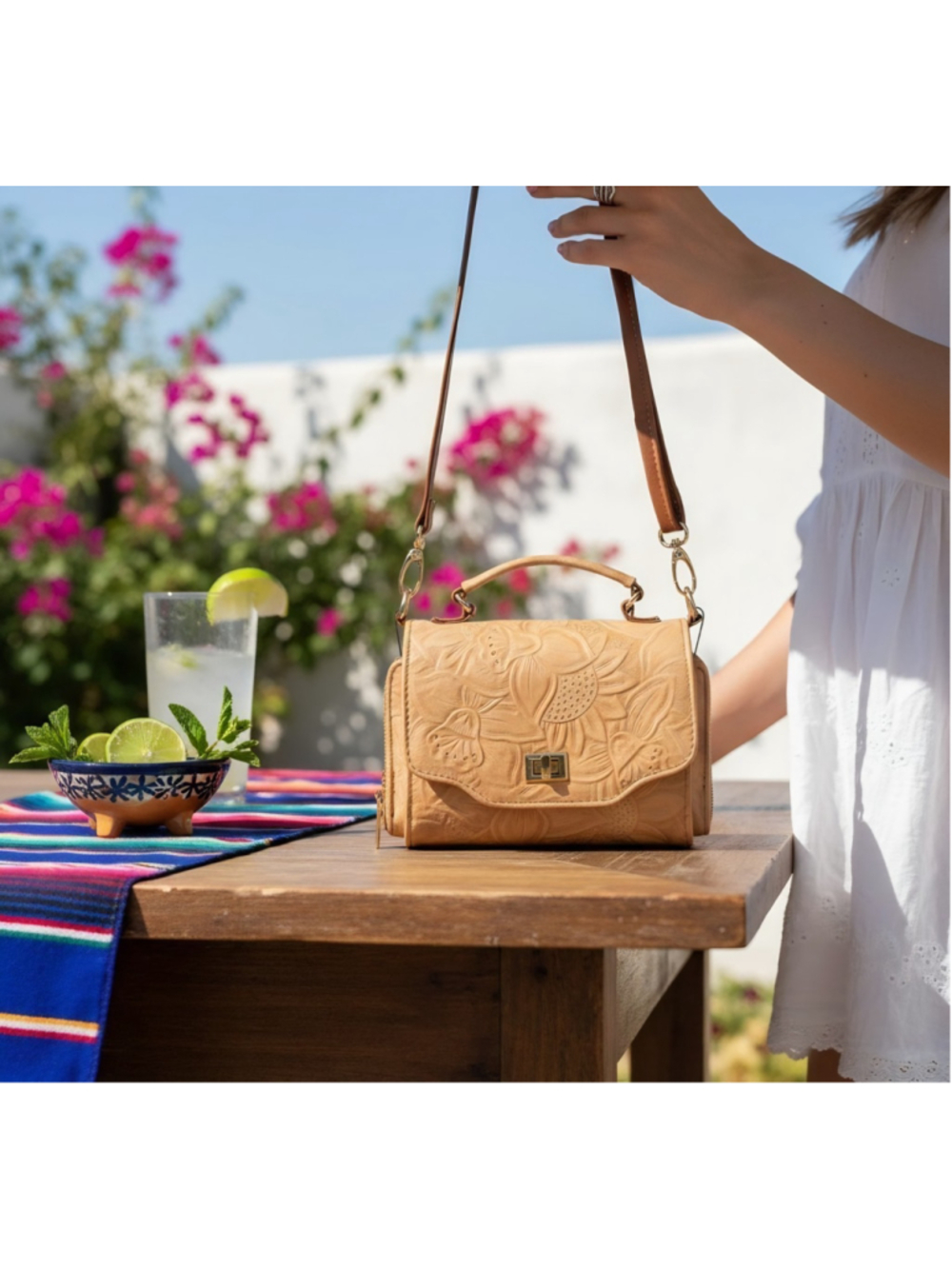 Sandy Beige Sunflower Embossed Tooled Artisan LEATHER Crossbody Purse Wallet